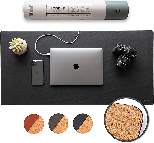 Xoliverto Nordik Cork & Vegan Leather Desk Mat – Premium Non-Slip Extended Mousepad with Cable Organizer (89x43 cm, Pebble Black)